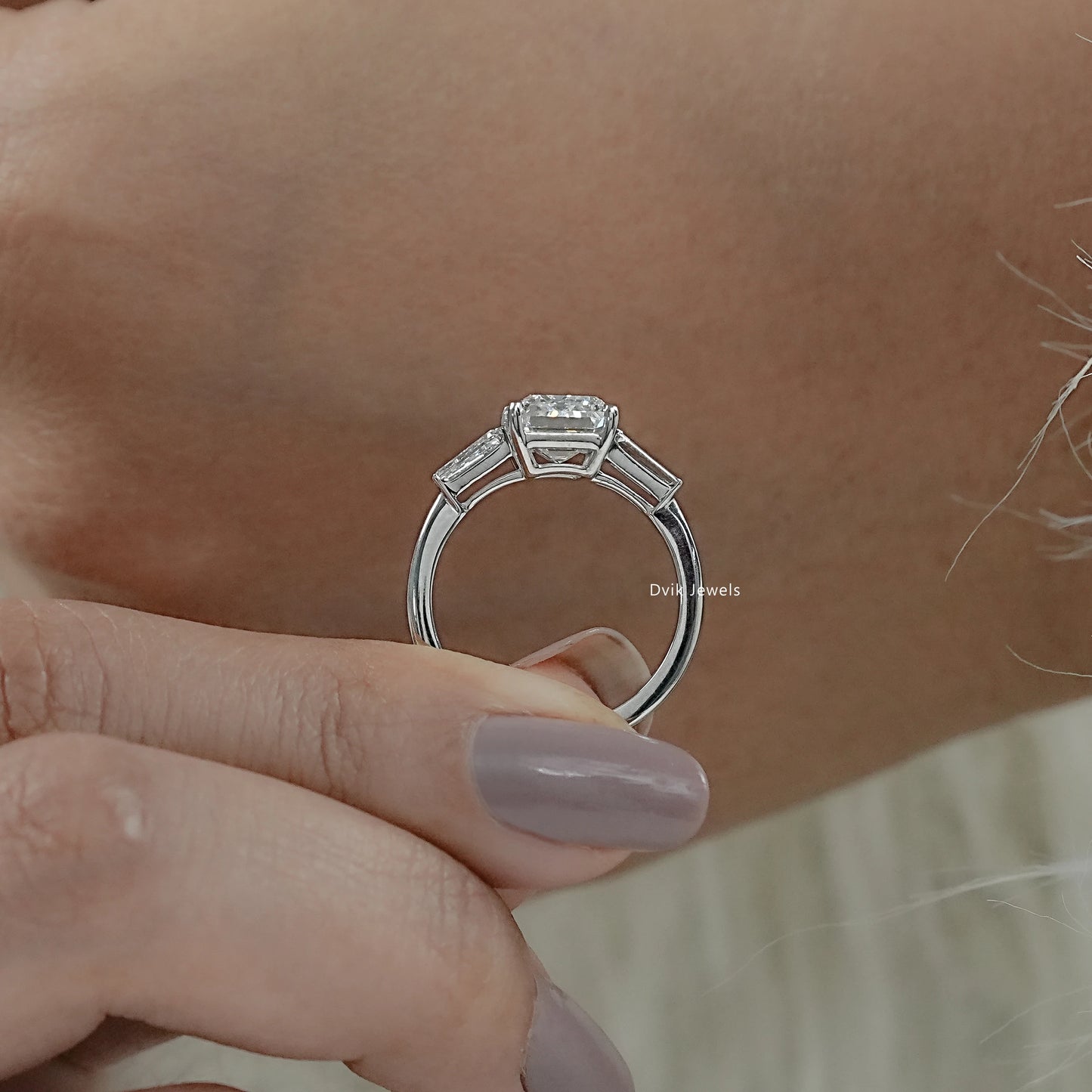 Emerald Cut Lab Diamond Tapered Baguette Side Stone Ring