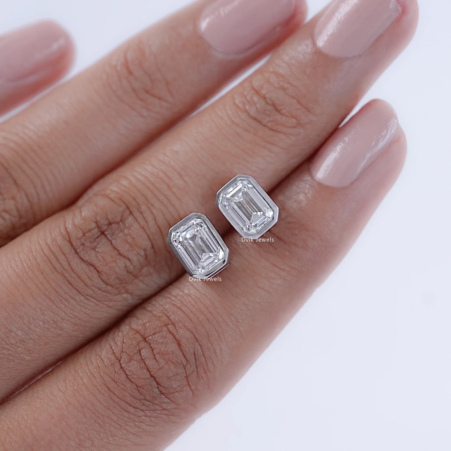Emerald Cut Lab Diamond Bezel Set Stud Earrings