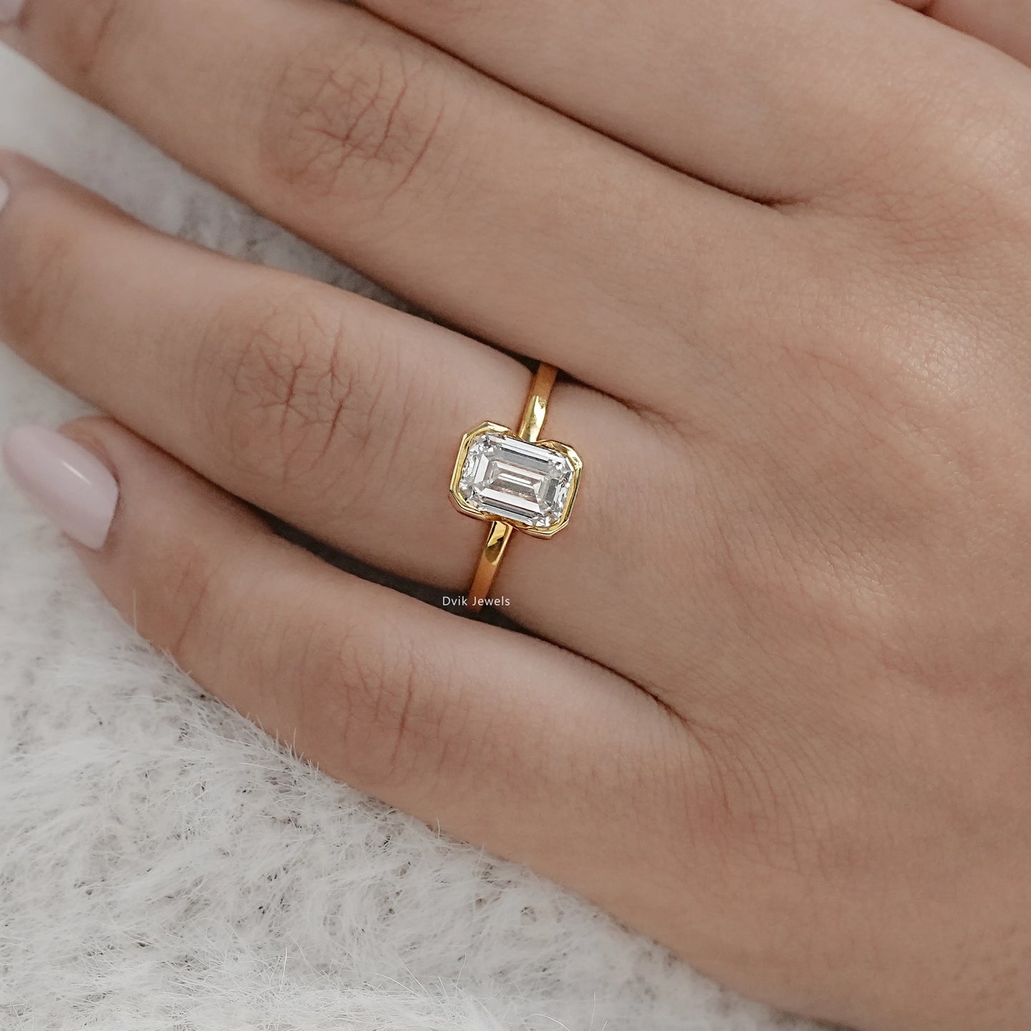 Bezel Set Emerald Cut Lab Diamond Engagement Ring