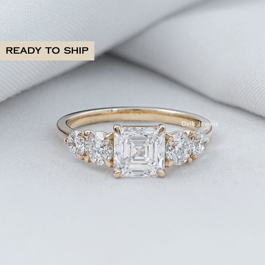 Square Emerald & Round Cut Lab Diamond Five Stone Ring