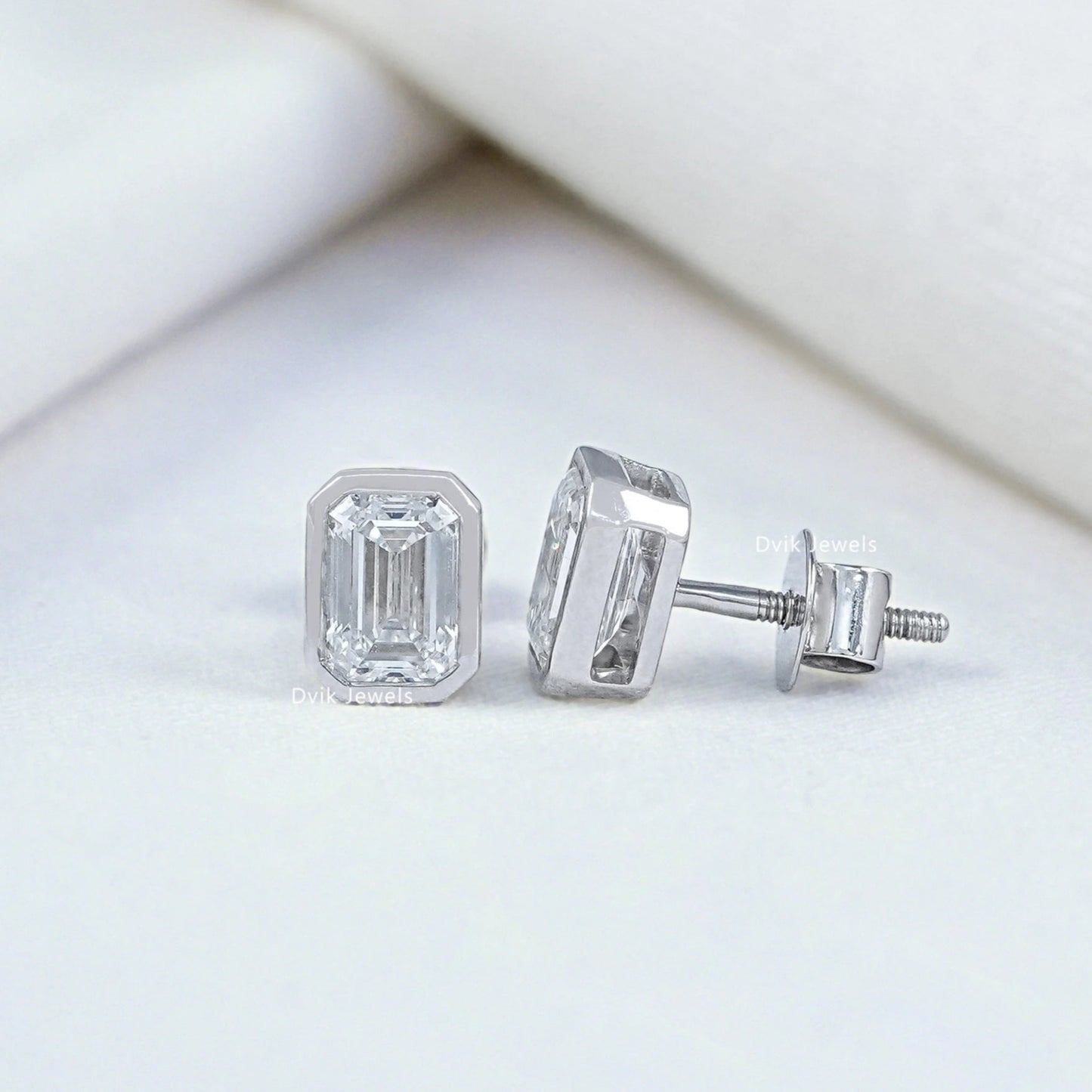 Emerald Cut Lab Diamond Bezel Set Stud Earrings
