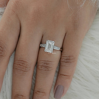Emerald Cut Lab Diamond Tapered Baguette Side Stone Ring