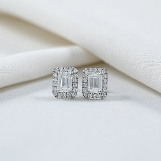 Emerald Cut Lab Grown Diamond Halo Stud Earrings