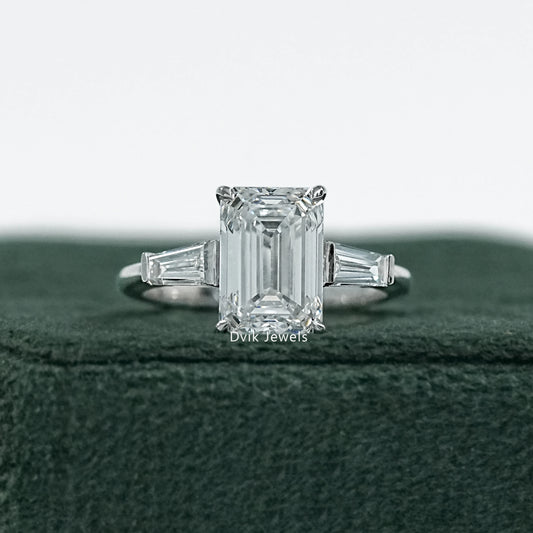 Emerald Cut Lab Diamond Tapered Baguette Side Stone Ring