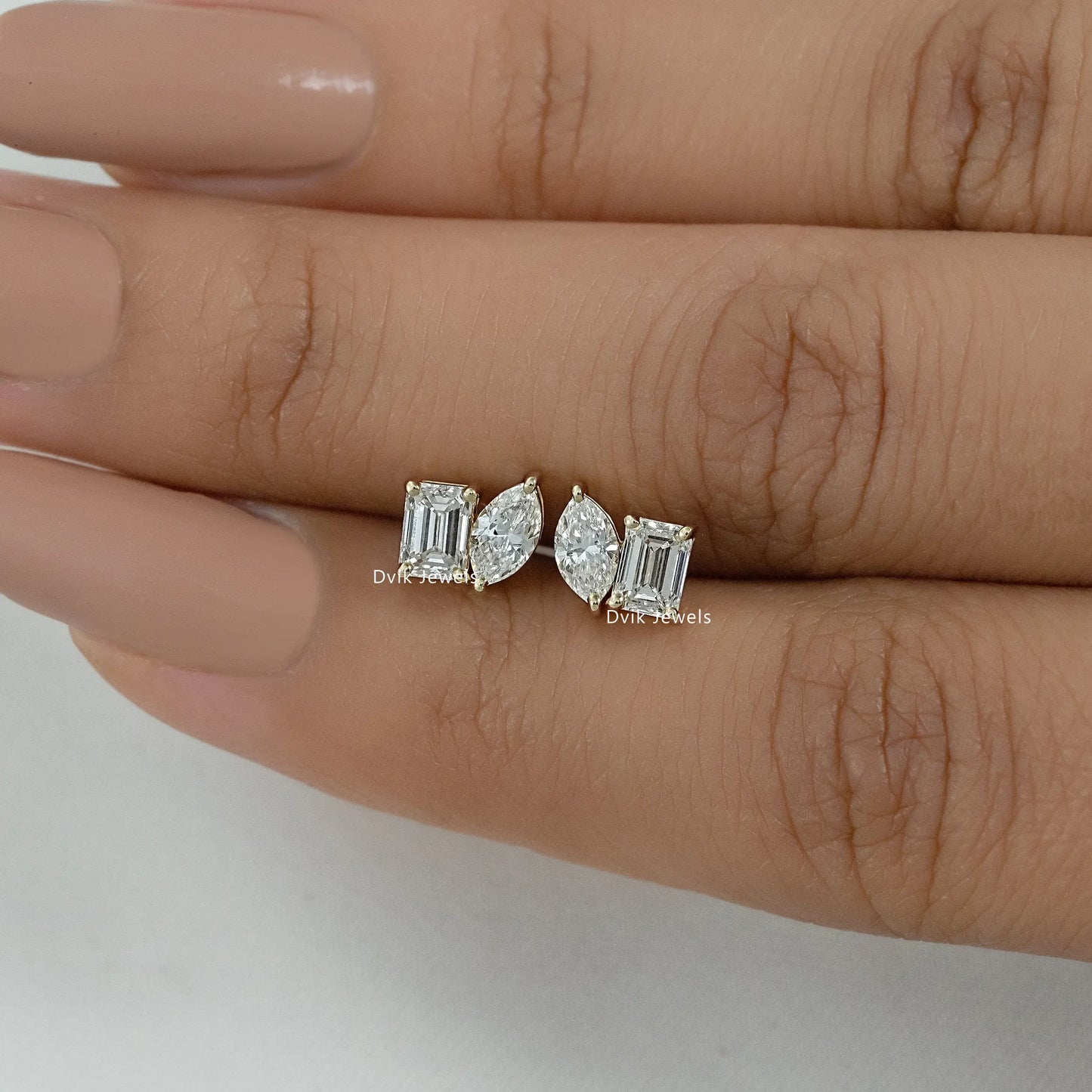 Emerald and Marquise Cut Lab Diamond Toi Moi Stud Earrings Earrings