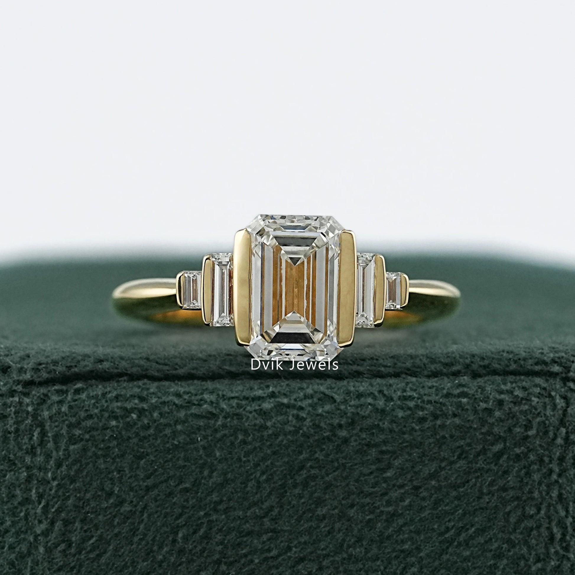 Emerald Lab Diamond Half Bezel Set Engagement Ring Ring