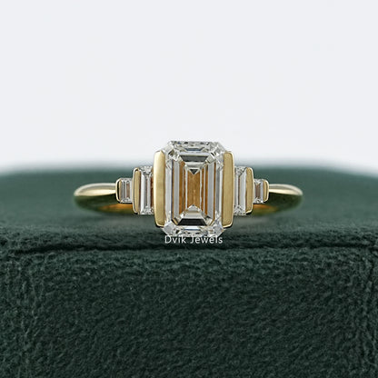 Emerald Lab Diamond Half Bezel Set Engagement Ring Ring