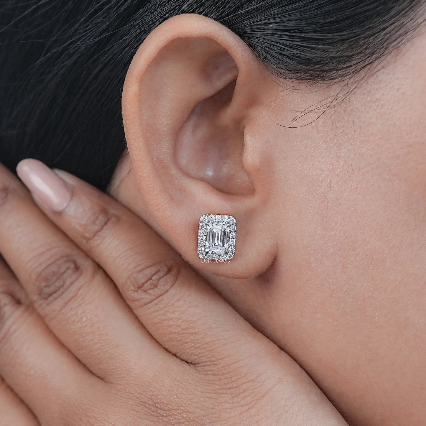 Emerald Cut Lab Grown Diamond Halo Stud