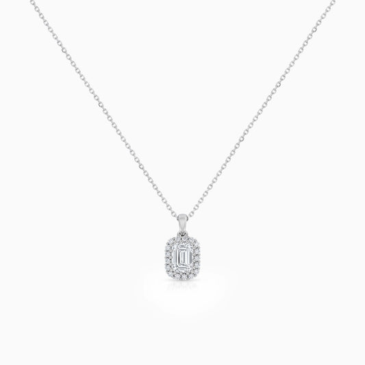 Emerald Cut Minimalistic Diamond Halo Pendant Necklace
