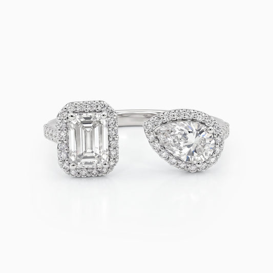Emerald & Pear Halo Lab Diamond Two Stone Ring