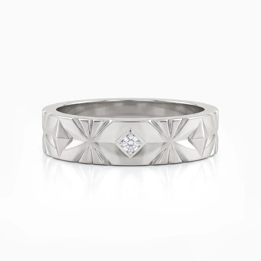 Engraved Wedding Band with Round Cut Diamond Band