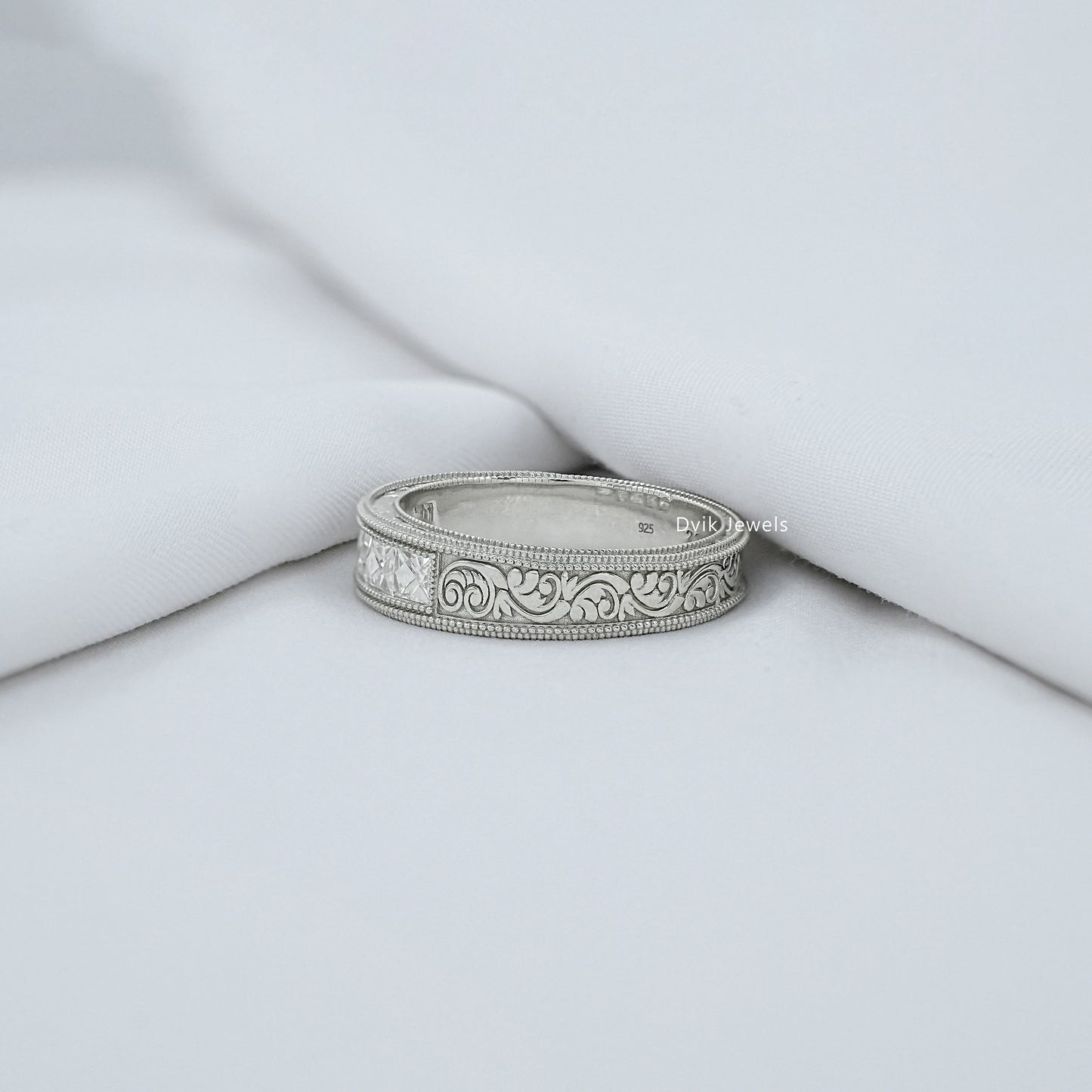 French Baguette Cut Diamond Engraving Men's Band