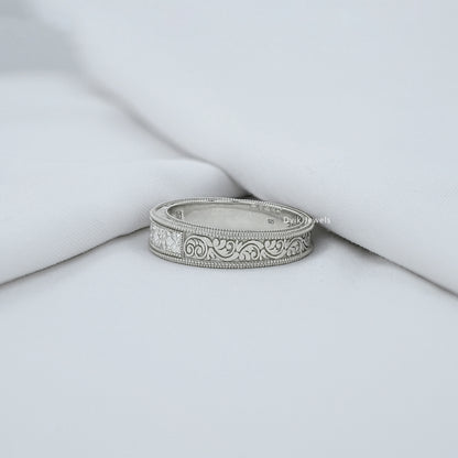French Baguette Cut Diamond Engraving Men's Band
