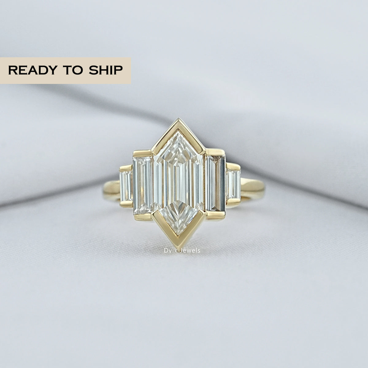 Step Cut Hexagon Diamond Half Bezel Five Stone Ring