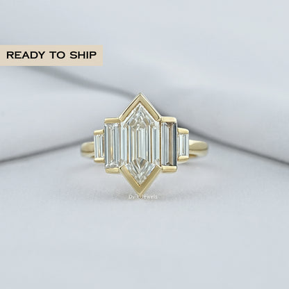 Step Cut Hexagon Diamond Half Bezel Five Stone Ring