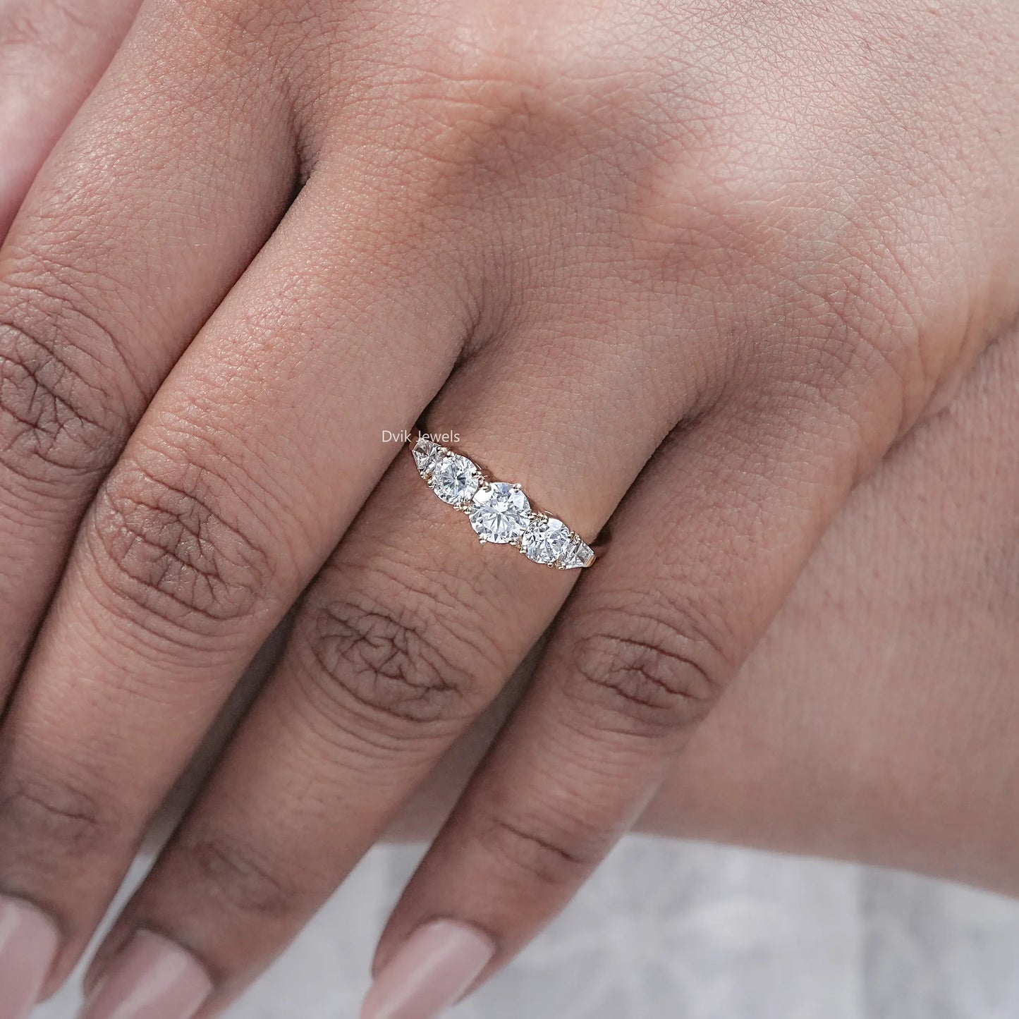 Five Stone Shield And Round Cut Engagement Ring