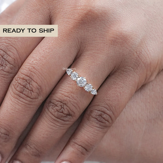 Five Stone Round Diamond Pear Accent Ring