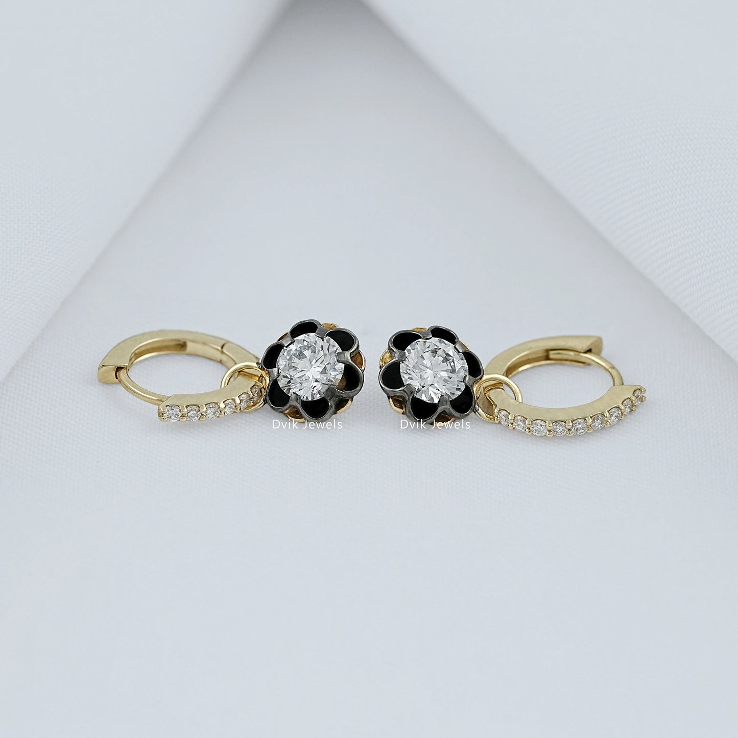 Floral Diamond Drop Earrings with Black Enamel Petals