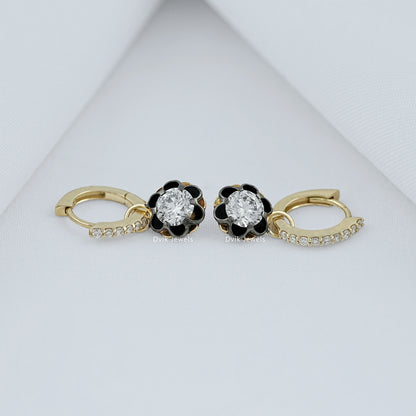 Floral Diamond Drop Earrings with Black Enamel Petals