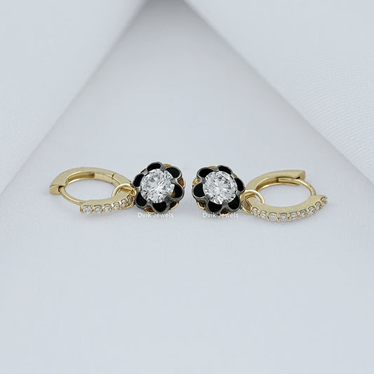 Floral Diamond Drop Earrings with Black Enamel Petals