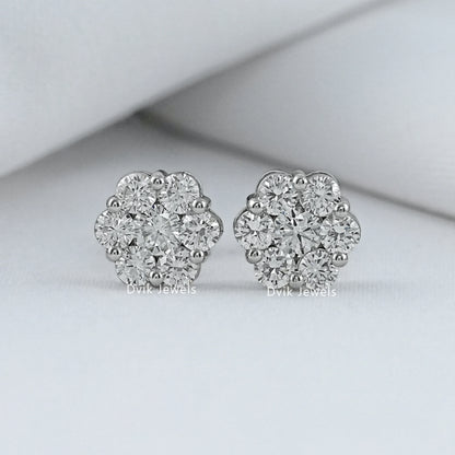 Front view of floral round diamond stud earrings with cluster pattern