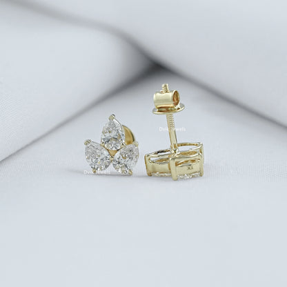 Pear Shaped Lab Diamond Three Stone Stud Earrings