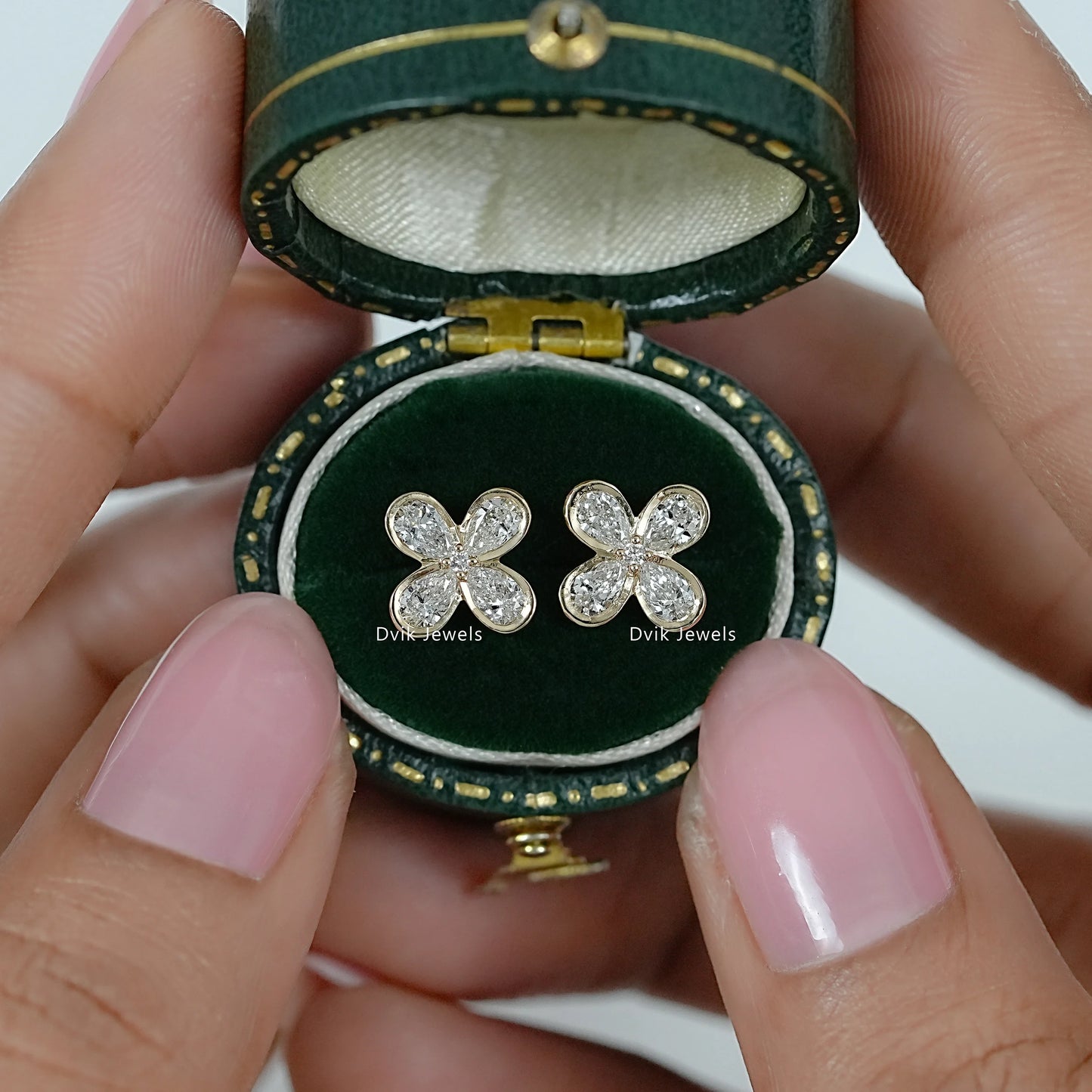 Bezel Set Pear Diamond Floral Stud Earrings
