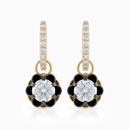 Floral Diamond Drop Earrings with Black Enamel Petals