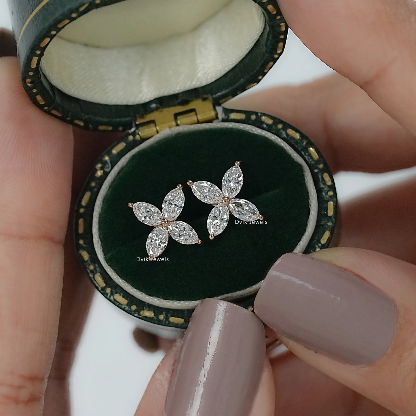 Front view of Dvik Jewels Marquise diamond flower earring gold with a detailed floral cluster.