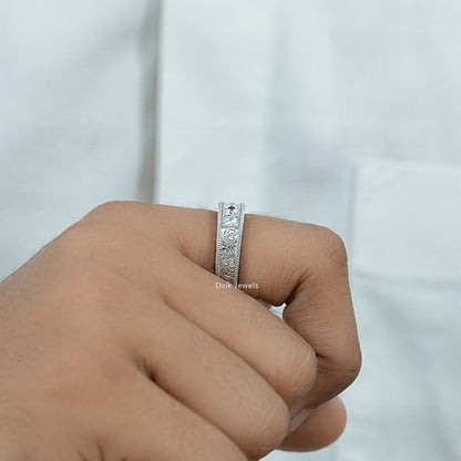 French Baguette Cut Diamond Engraving Men's Band