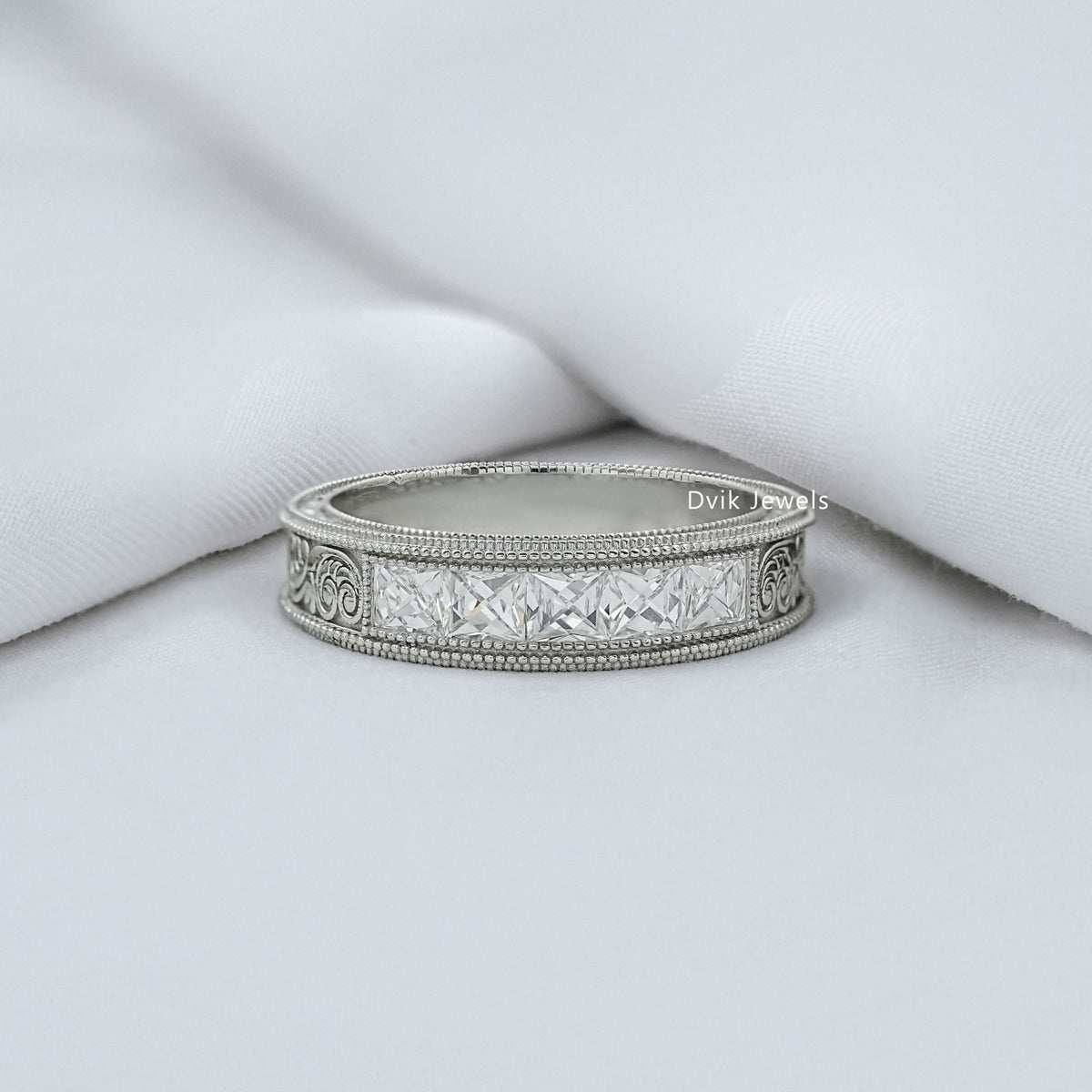 French Baguette Cut Diamond Engraving Men's Band Band
