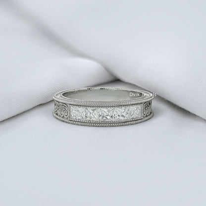 French Baguette Cut Diamond Engraving Men's Band Band