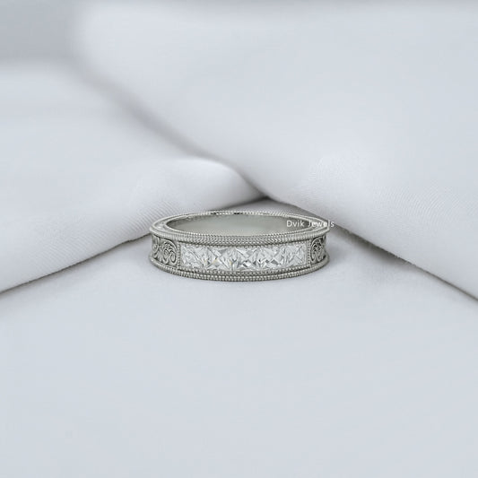 French Baguette Cut Diamond Engraving Men's Band Band