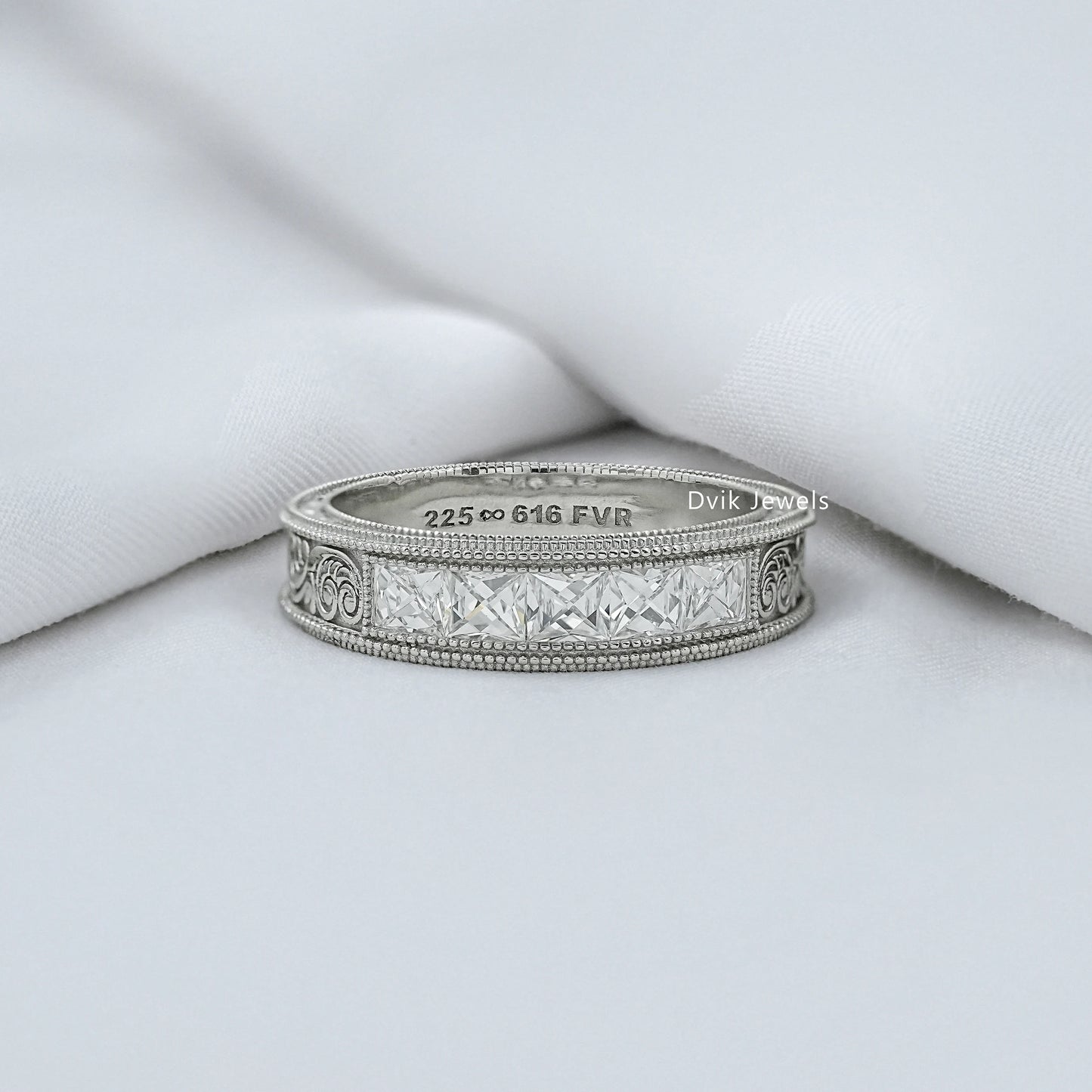 French Baguette Cut Diamond Engraving Men's Band