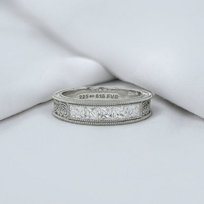 French Baguette Cut Diamond Engraving Men's Band