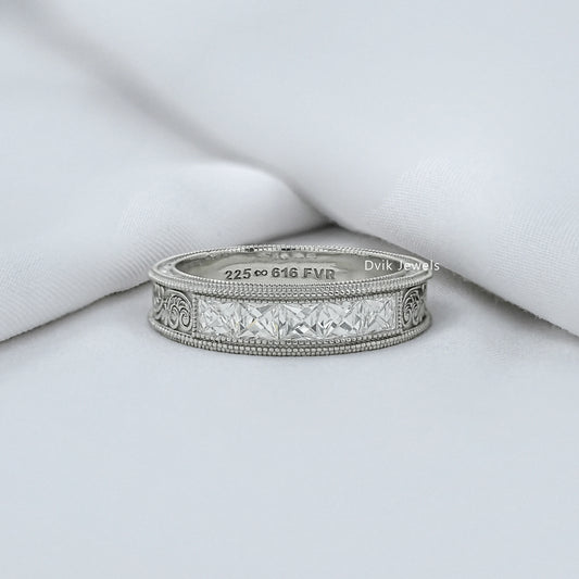 French Baguette Cut Diamond Engraving Men's Band