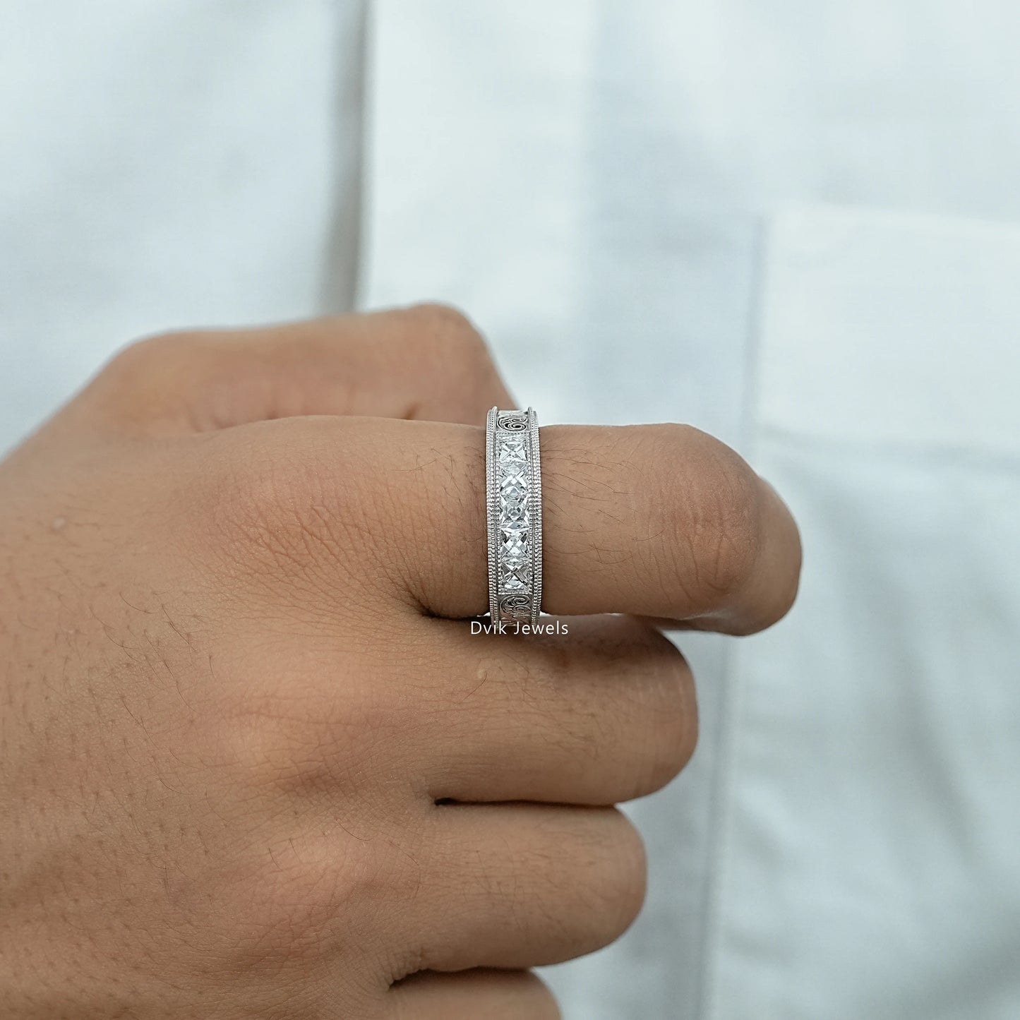 French Baguette Cut Diamond Engraving Men's Band
