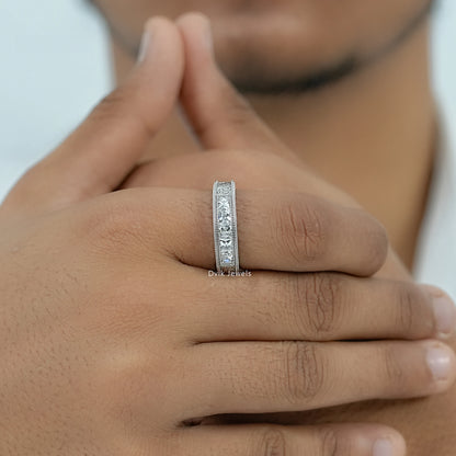 French Baguette Cut Diamond Engraving Men's Band