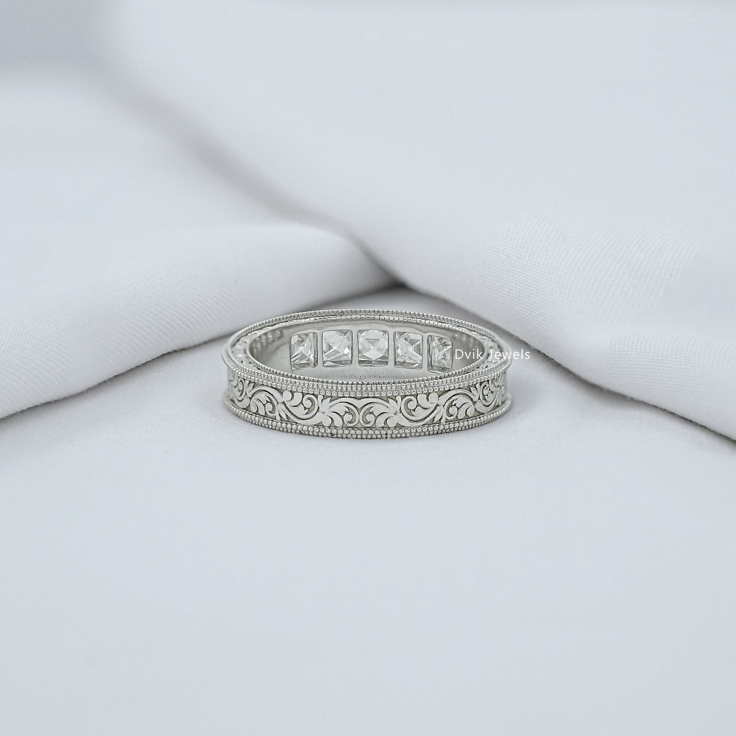 French Baguette Cut Diamond Engraving Men's Band