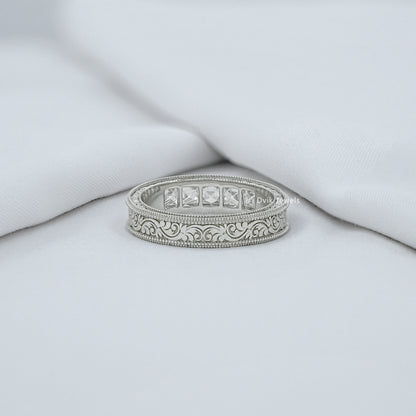 French Baguette Cut Diamond Engraving Men's Band