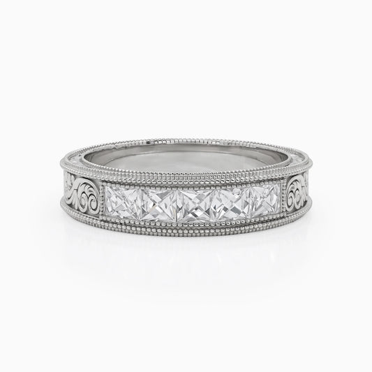 French Baguette Cut Diamond Engraving Men's Band Band