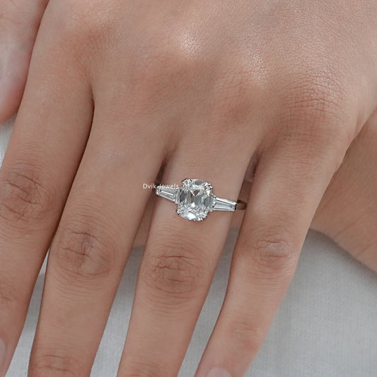 Old Mine Cushion Lab Diamond Three Stone Ring