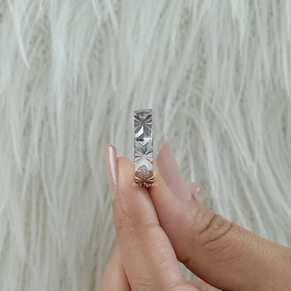 Engraved Wedding Band with Round Cut Diamond