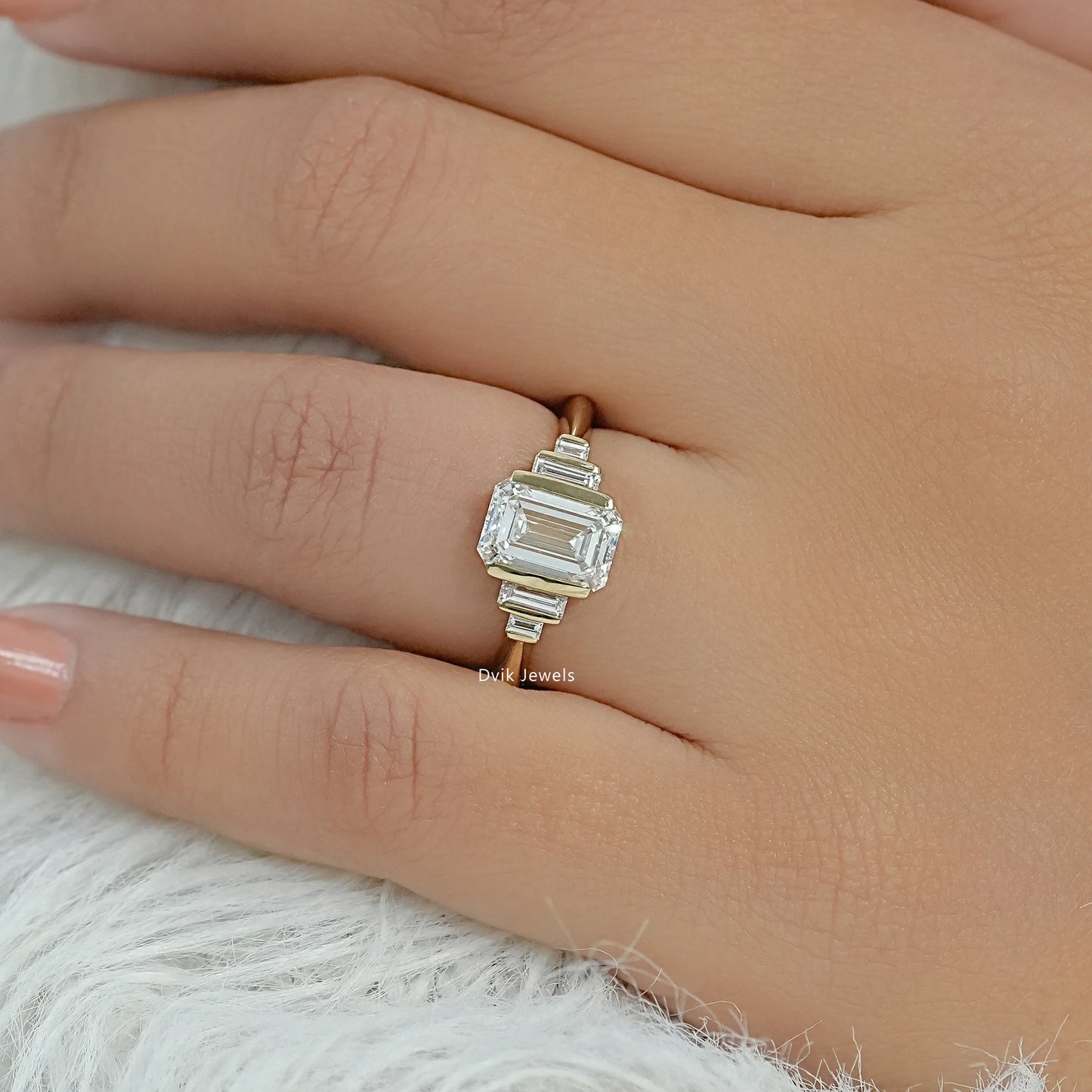 Emerald Lab Diamond Half Bezel Set Engagement Ring Ring