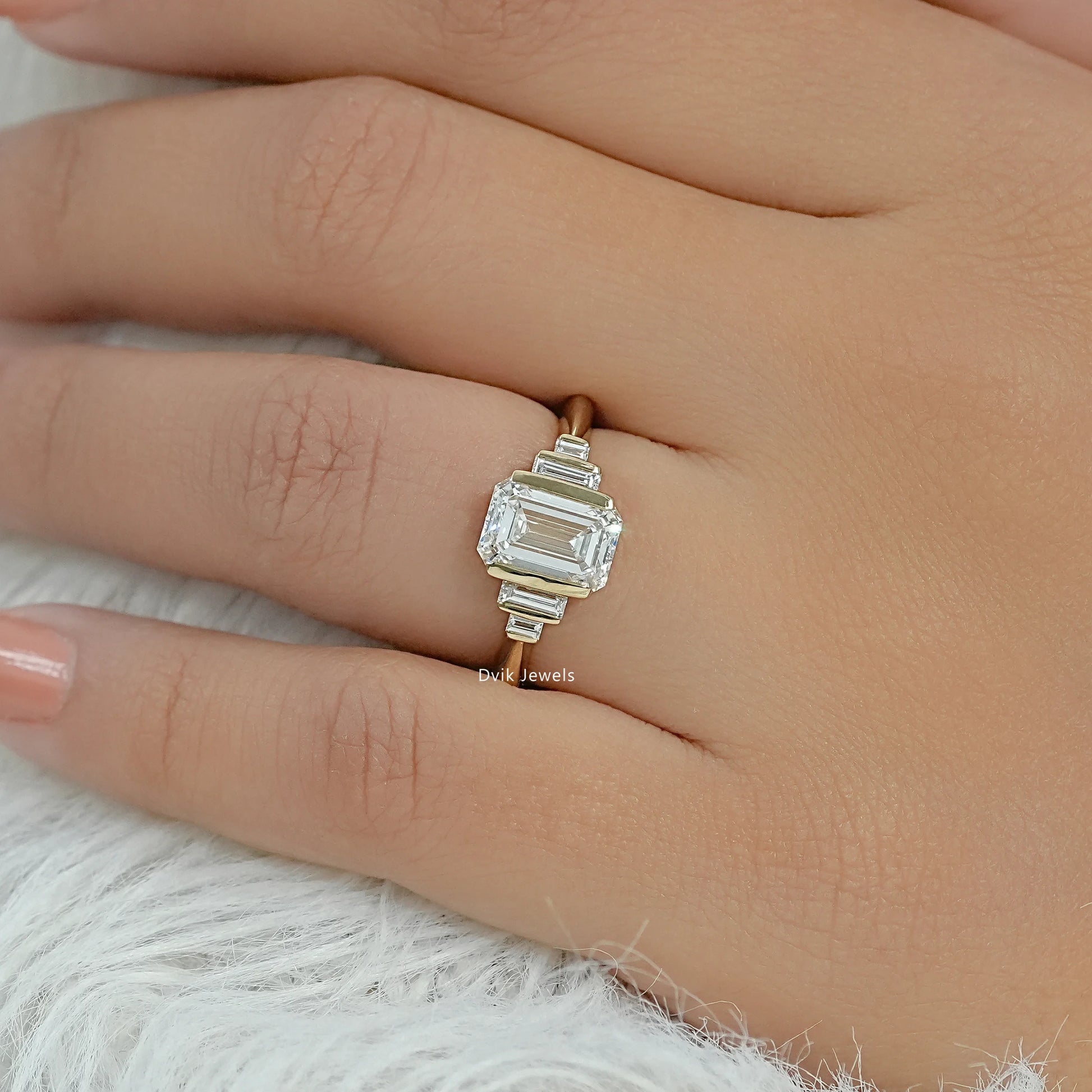 Emerald Lab Diamond Half Bezel Set Engagement Ring Ring