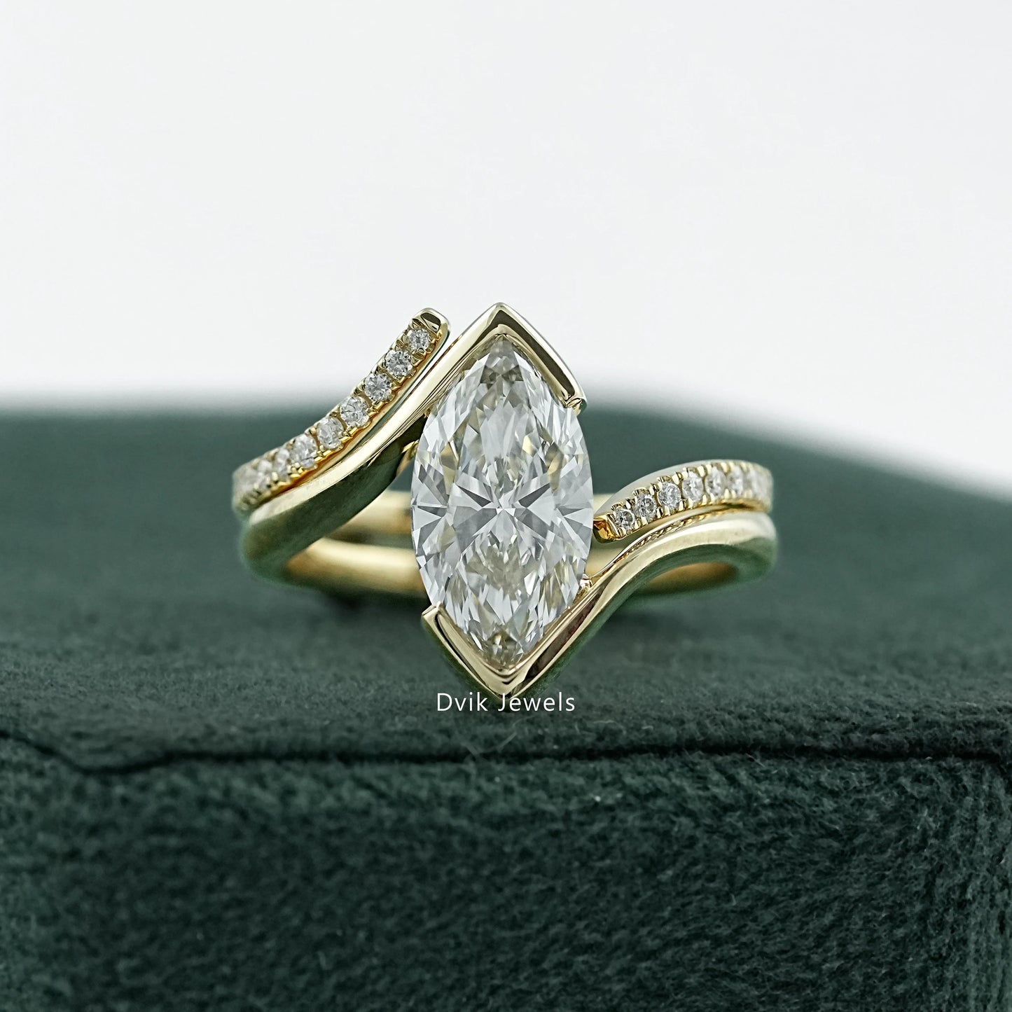 Half Bezel Marquise Cut Lab Diamond Curved Ring Set Bridal Ring Set