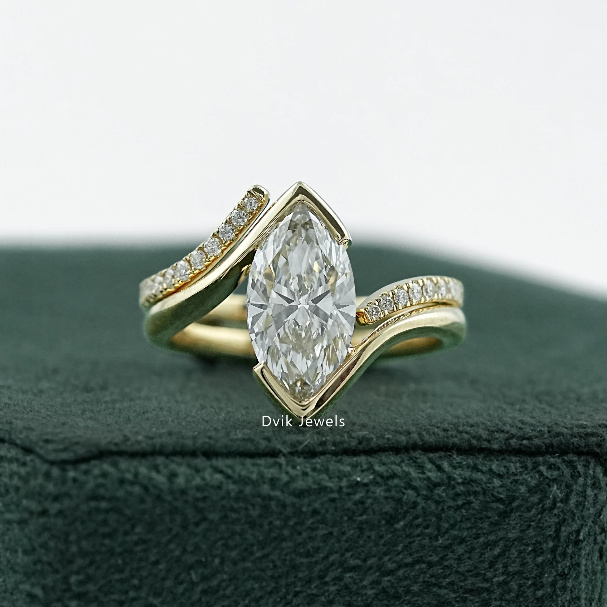 Half Bezel Marquise Cut Lab Diamond Curved Ring Set Bridal Ring Set