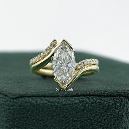 Half Bezel Marquise Cut Lab Diamond Curved Ring Set Bridal Ring Set