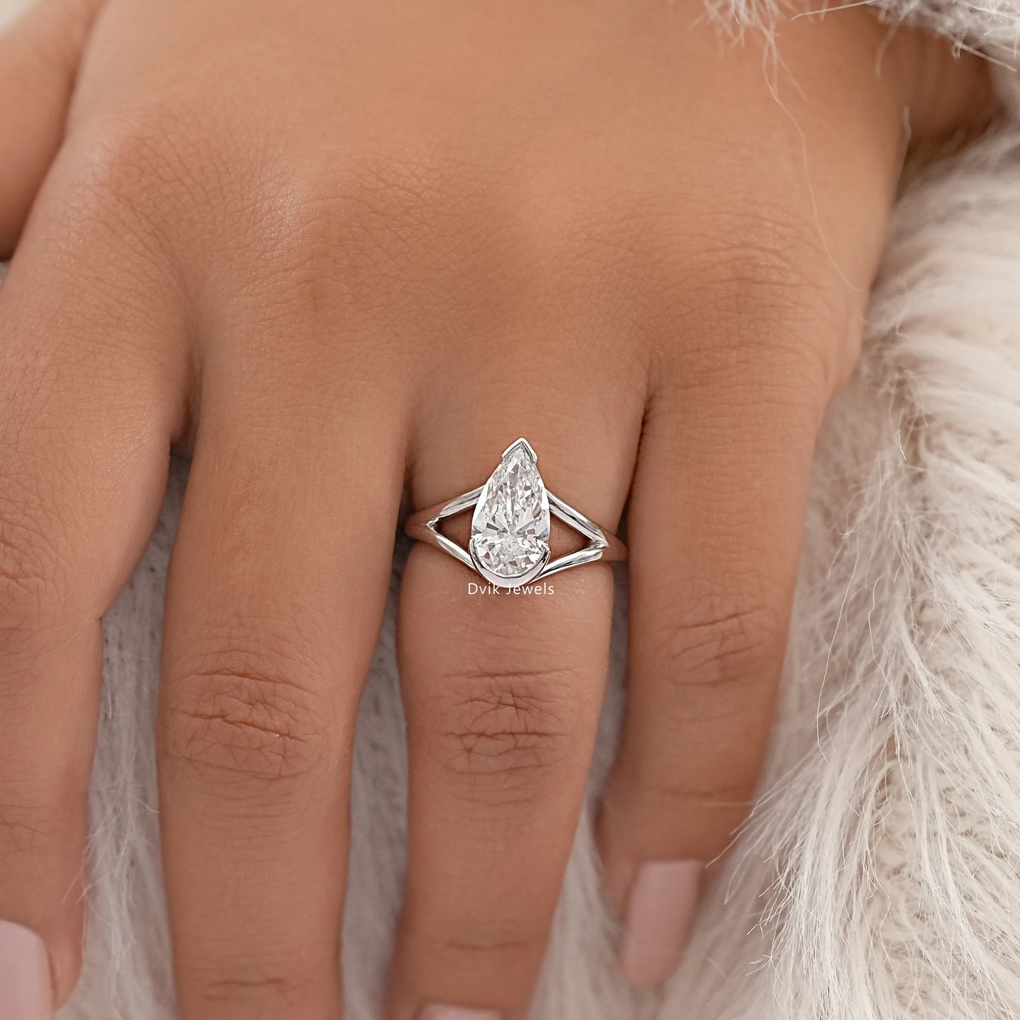 Half Bezel Pear Cut Split Shank Ring