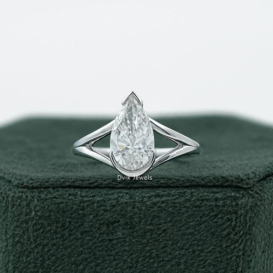 Half Bezel Pear Cut Split Shank Ring Ring